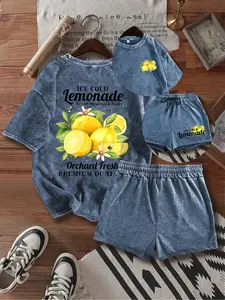 Two-Piece Set Women's Lemon Print Tee & Shorts Set, Matching Clothing Set, Casual Round Neck Short Sleeve T-shirt & Shorts, Ladies Summer Clothes, Womenswear