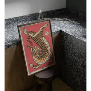 Vintage Tiger Asian Red Background Art Print - Retro Graphic Poster For Stylish Wall Decor