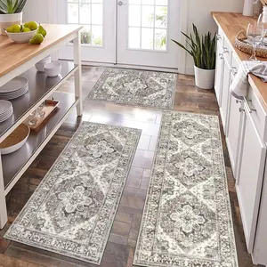 Kitchen Rugs Sets of 3, Non Slip Kitchen Runner Rug, Machine Washable Kitchen Floor Mat with Rubber Backing, Boho Carpet Throw Rugs for Hallways, Laundry Room, Farmhouse, Taupe Brown