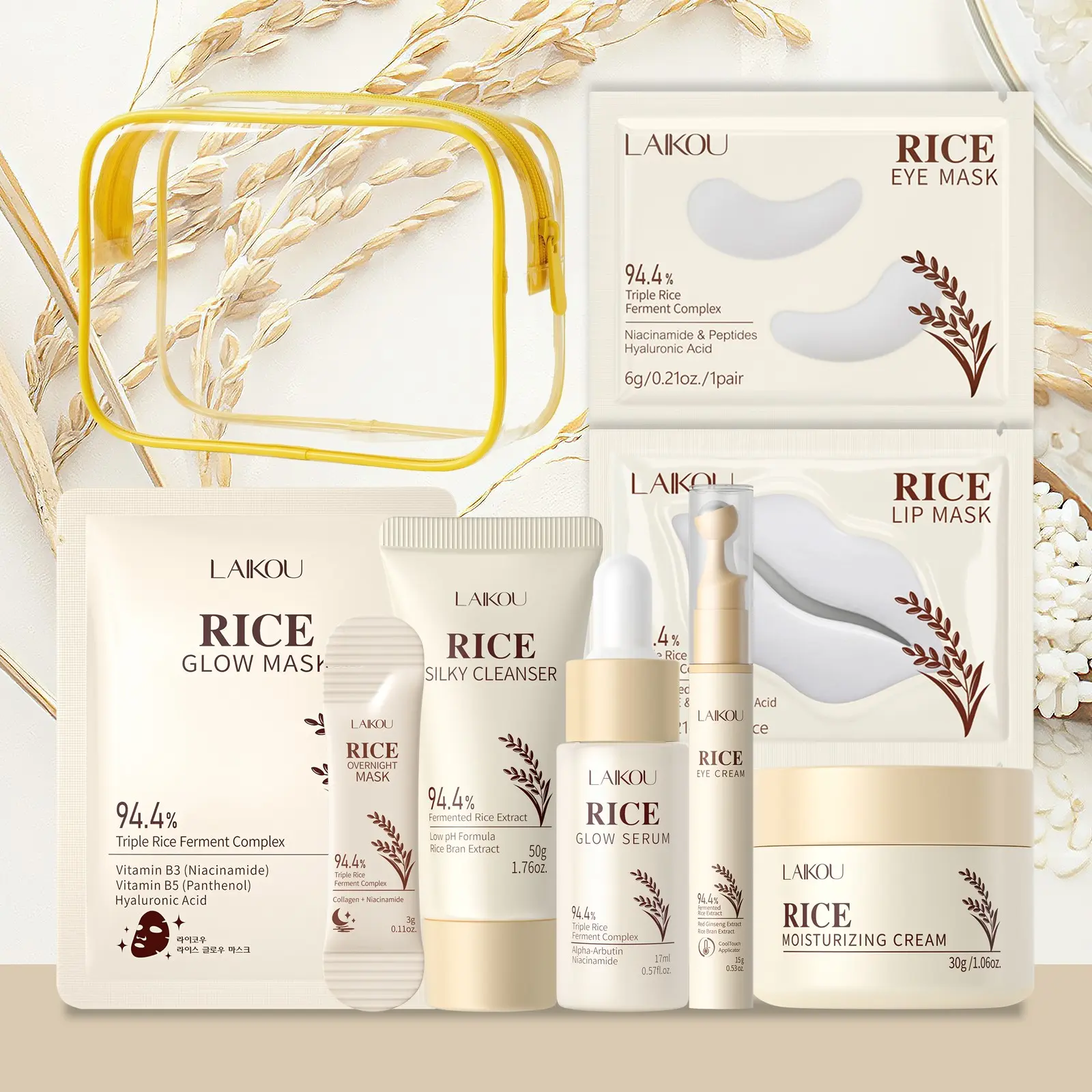 LAIKOU Rice Water Skincare Set Facial Care Set - 9Pcs Complete Korean Beauty Face Care Kit with Silk Cleanser, Glow Serum, Moisturizing Cream, Eye/Lip & Overnight Masks - Deep Hydrating & Smoothing Routine with Waterproof Bag Hydration Set
