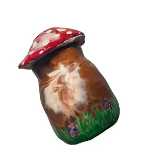 Glass Polymer Clay Mushroom Jar with Red Polka Dot Lid Hand Painted Design Featuring Flowers and Green Base