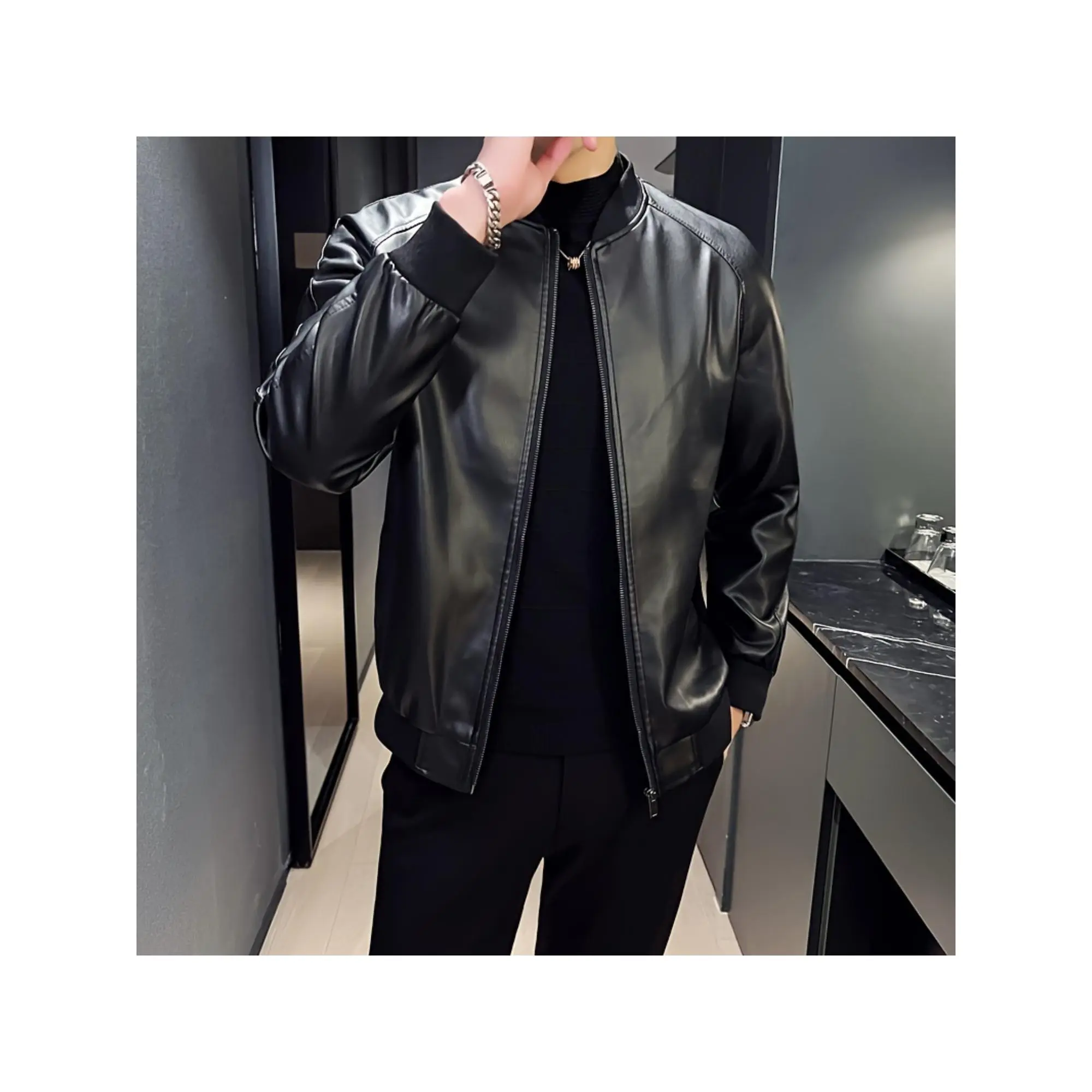 Men's Plain Long Sleeve Faux Leather Bomber Jacket - Menswear Top, Baseball Collar, Front Zipper, Pockets, Casual Comfortable Coat
