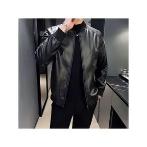 Men's Vegan Leather Zip-Up Jackets - Casual Comfy Jacket, Baseball Collar, Longsleeves, Pockets - Menswear Outerwear for Outdoor Use