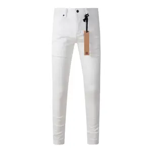 25SS New Pure White Fashion Men KSUBI Cross Jeans American High Street Hole Trend Low Rise Skinny Pleated Ripped Frayed Jeans