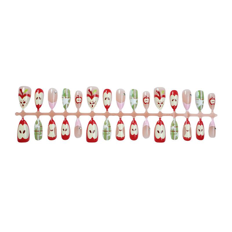 30pcs Almond Nail Tips, Apple Design, French Star Rhinestones, Glossy Finish, Medium Length, Includes Jelly Glue and File, Handmade Press On, Glossy False Nails