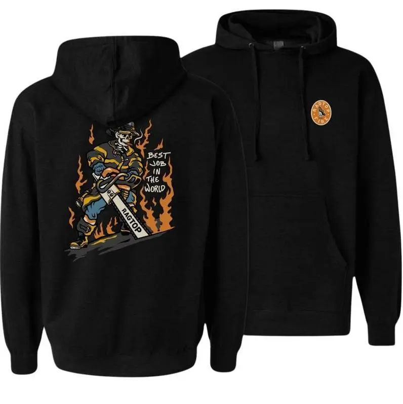 Firefighter Inspired Graphic Hoodie, Action Style Illustration, Soft Cotton Blend Unisex Pullover