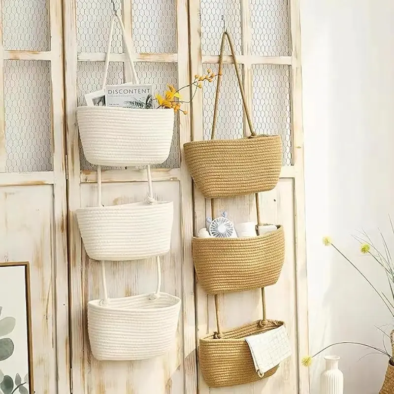 Cotton Over the Door Organizer with Hooks - 3-Tier Hangable Decorative Storage Baskets, White Wall Storage for Bathroom, Boho Nursery, Easter Gift, Household