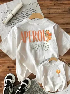 Women'S T-Shirt with "Aperol Spritz" Graphic Print, Casual Crew Neck Short Sleeve Top, All-Season Knit Fabric, Regular Length Womenswear
