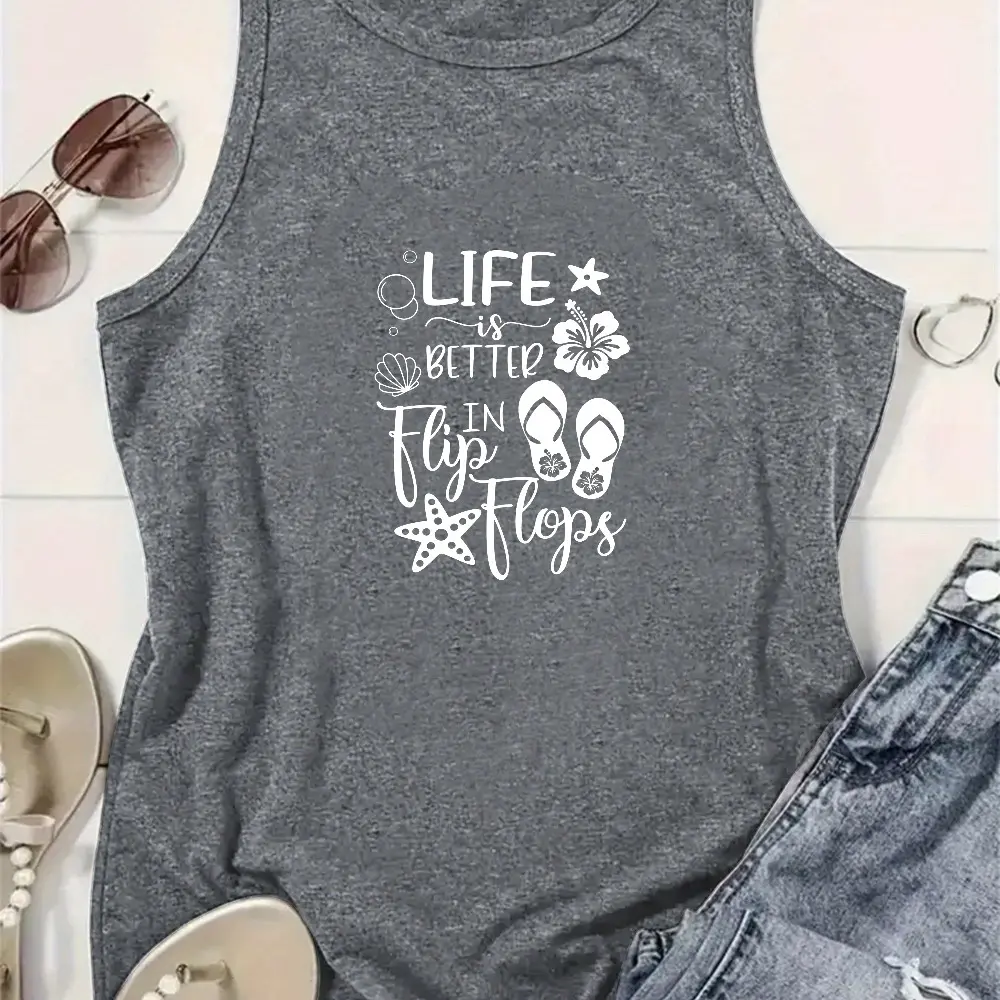 Women's Cotton Tank Top - "Life Is Better In Flip Flops" Graphic Garment, Lightweight Breathable Fabric Piece, Sleeveless Beach Summer Vacation Coastal Gift