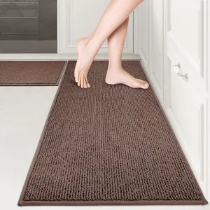 Machine Washable Kitchen Rug Set [2 PCS] (17" x 30"+ 17" x 48"), Non-Slip/Skid Kitchen Runner Rugs & Floor Mats, Super Absorbent Soft Area Rugs for Sink, Kitchen & Laundry, Brown