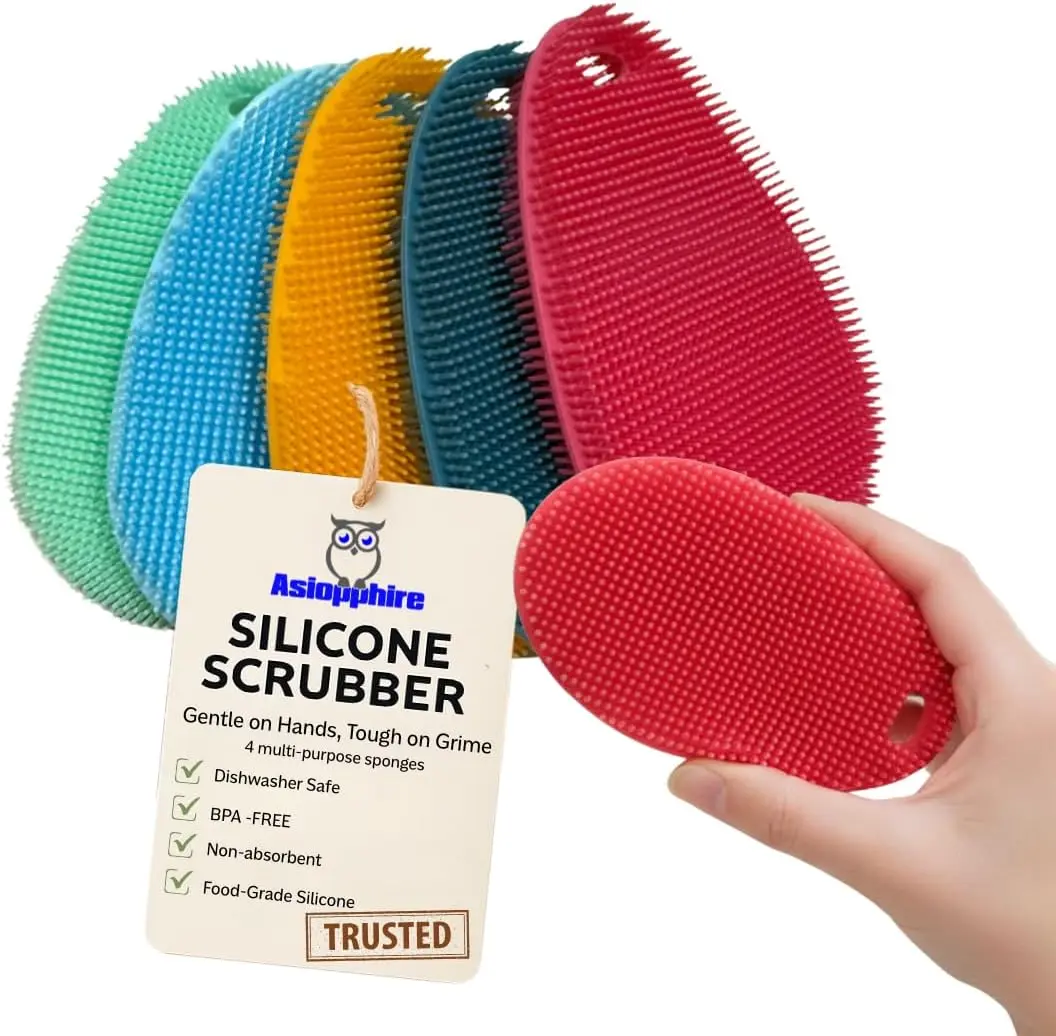 Silicone Sponge Dish Scrubber - Food Grade and Housecleaning - BPA Free Silicone Kitchen Scrubber [5 Pack Ovals Summer]