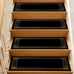 Base Golden Chinese Pattern Stair Mat, Absorbent Non-Slip Wooden Step Rug, Quick-Dry Moisture-Drain Stair Strip, Washable Anti-Slip Floor Mat