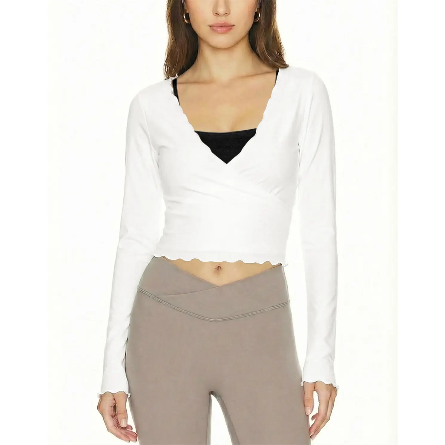 MaLinfandor Women's Ballet Wrap Top Cropped Long Sleeve Self Tie Front Y2K Workout Yoga Pilates Dance Cover-Up Blouse