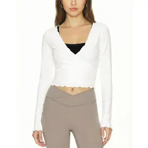 MaLinfandor Women's Ballet Wrap Top Cropped Long Sleeve Self Tie Front Y2K Workout Yoga Pilates Dance Cover-Up Blouse