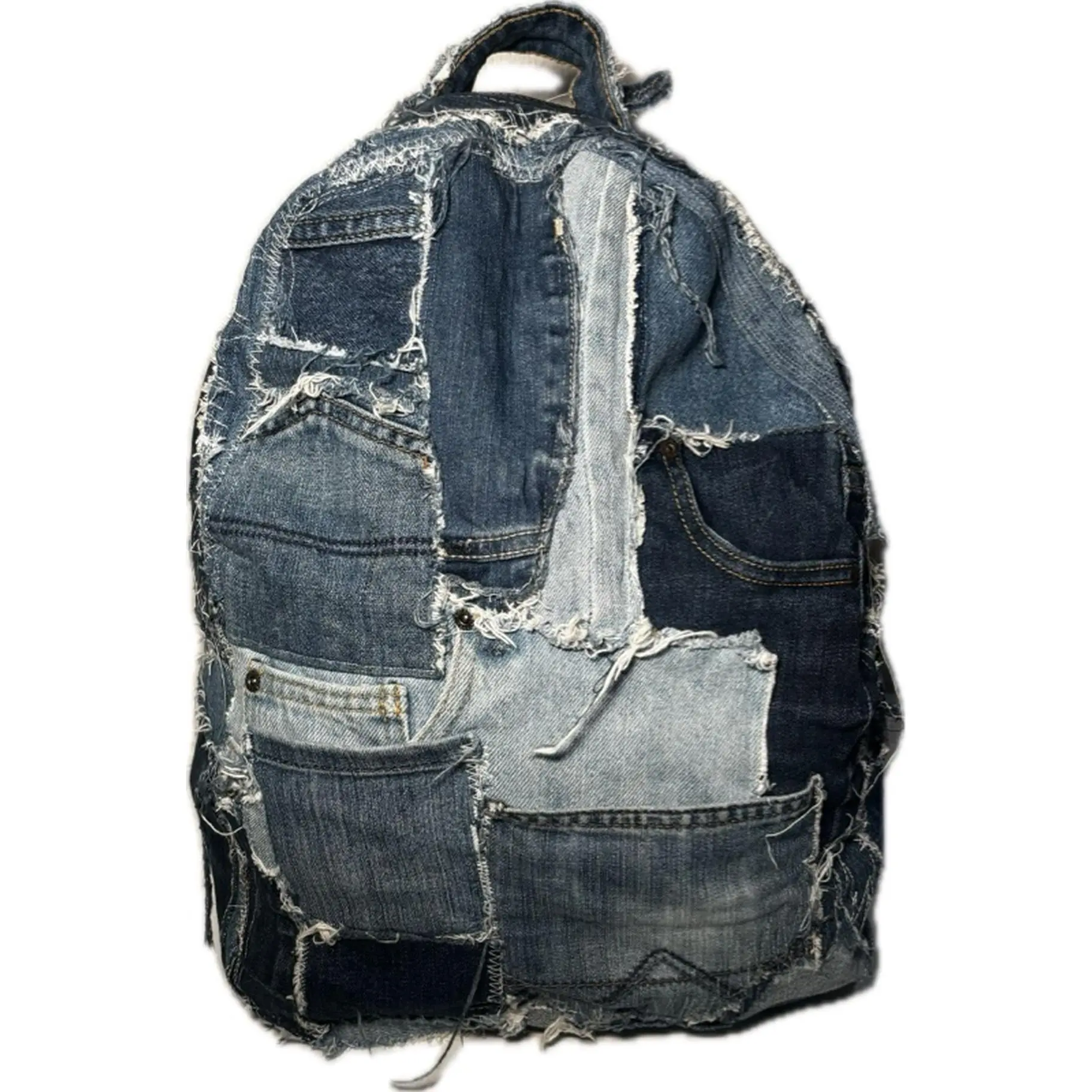 Denim Bookbag Hand Made - Unique Patchwork Design with Multiple Pockets and Adjustable Straps