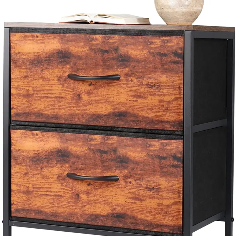 2-Drawer Nightstand with Wooden Top & Metal Frame Strong, Compact Rustic Grain Farmhouse Look Indoor Side Table for Bedroom, Small Space