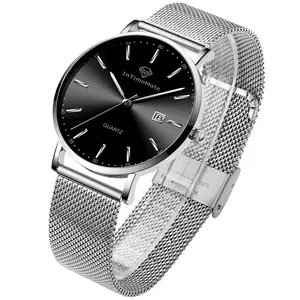 INTIMEMATE Ultra-thin Men's Watch Blue Dial Stainless Steel Waterproof Luminous Date Rose Gold Hands Black Mesh Strap Minimalist Business Casual Quartz Wristwatch