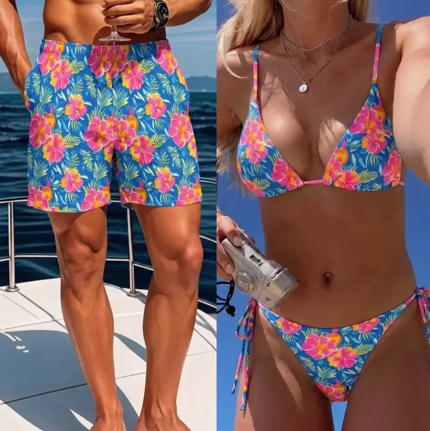 Hawaiian Swimsuits, Matching Couples Tropical Bikini and Swim Trunks Set, Honeymoon Beachwear