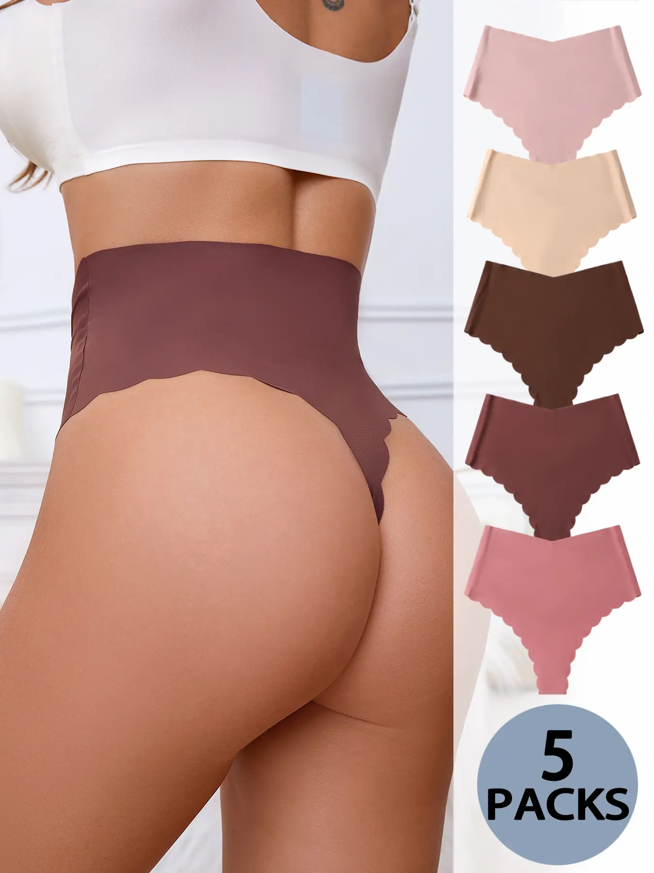 5-Pack Wave-Hem Thongs, Comfortable Smooth Ice Silk Seamless High-Waisted Basic Everyday Women's Underwear, Casual Fitted High-Waisted Panties, All-Season Breathable, Plain Panty