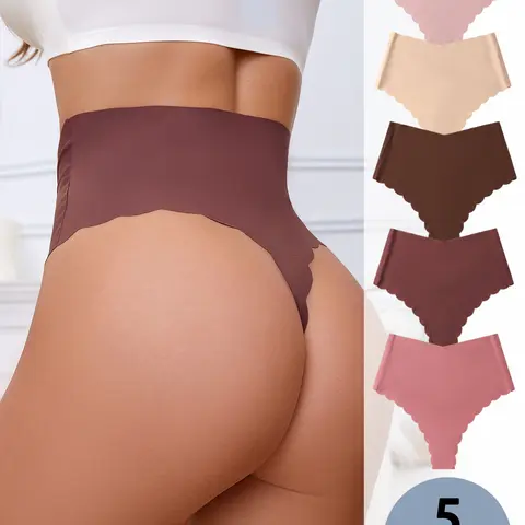 【Black Friday】5-Pack Wave-Hem Thongs, Comfortable Smooth Ice Silk Seamless High-Waisted Basic Everyday Women's Underwear, All-Season Breathable Plain Fitted High-Waisted Panties