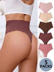 5-Pack Wave Hem Thongs, Comfortable Ice Silk Seamless High Waist Underwear, Casual Fitted High Waist Panties, All Seasons
