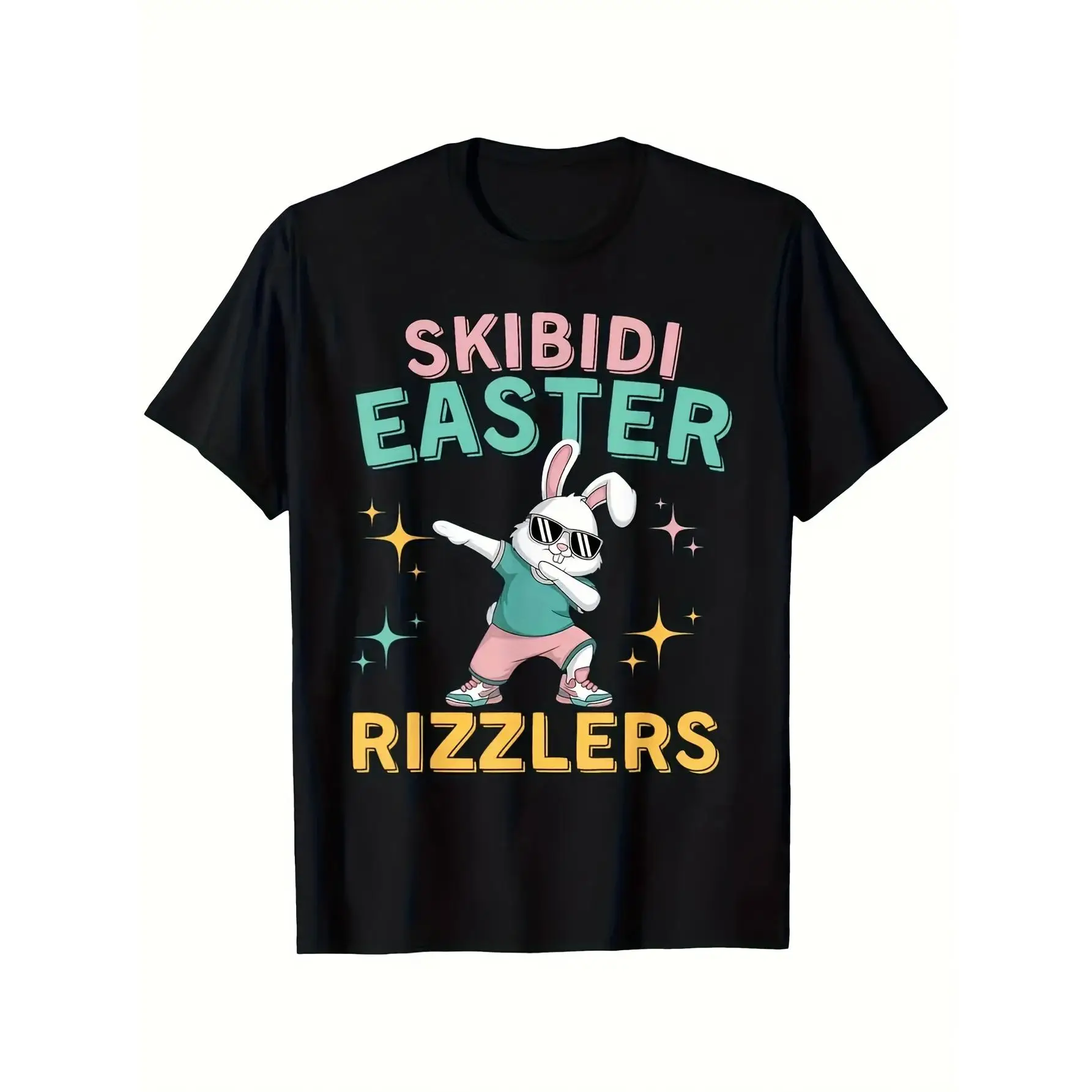 Skibidi Easter boys' cotton T-shirt-black short sleeve with fun "rizzlers" graphic, perfect for spring casual outdoor wear, summer kids fashion | casu
