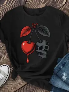 Women'S Gothic Cherry & Skull Graphic T-Shirt - Maroon & Black Contrast Short Sleeve Top with Red Fruit & Bone Design, Medium Stretch Round Neck Casual Tee for Spring Summer Fall, Machine Washable Regular Fit Gothic Everyday Shirt