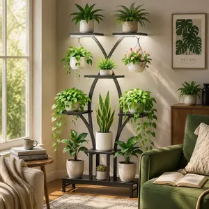 Littleox Plant Stand with Grow Lights, 63" Tall 7-Tier Indoor Plant Shelf with Full Spectrum Timer Lights, X-Shaped Iron Flower Pot Holder for Corner, Waterproof & Rustproof, Anti-Tipping Safety for Home