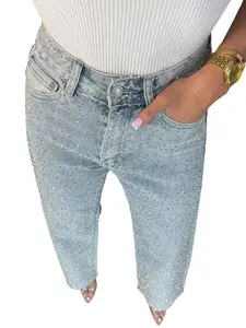 Women's High Waist Straight Leg Jeans, Rhinestone Embellished Washed Denim Jeans, Casual Fashion Long Trousers for Women Pants