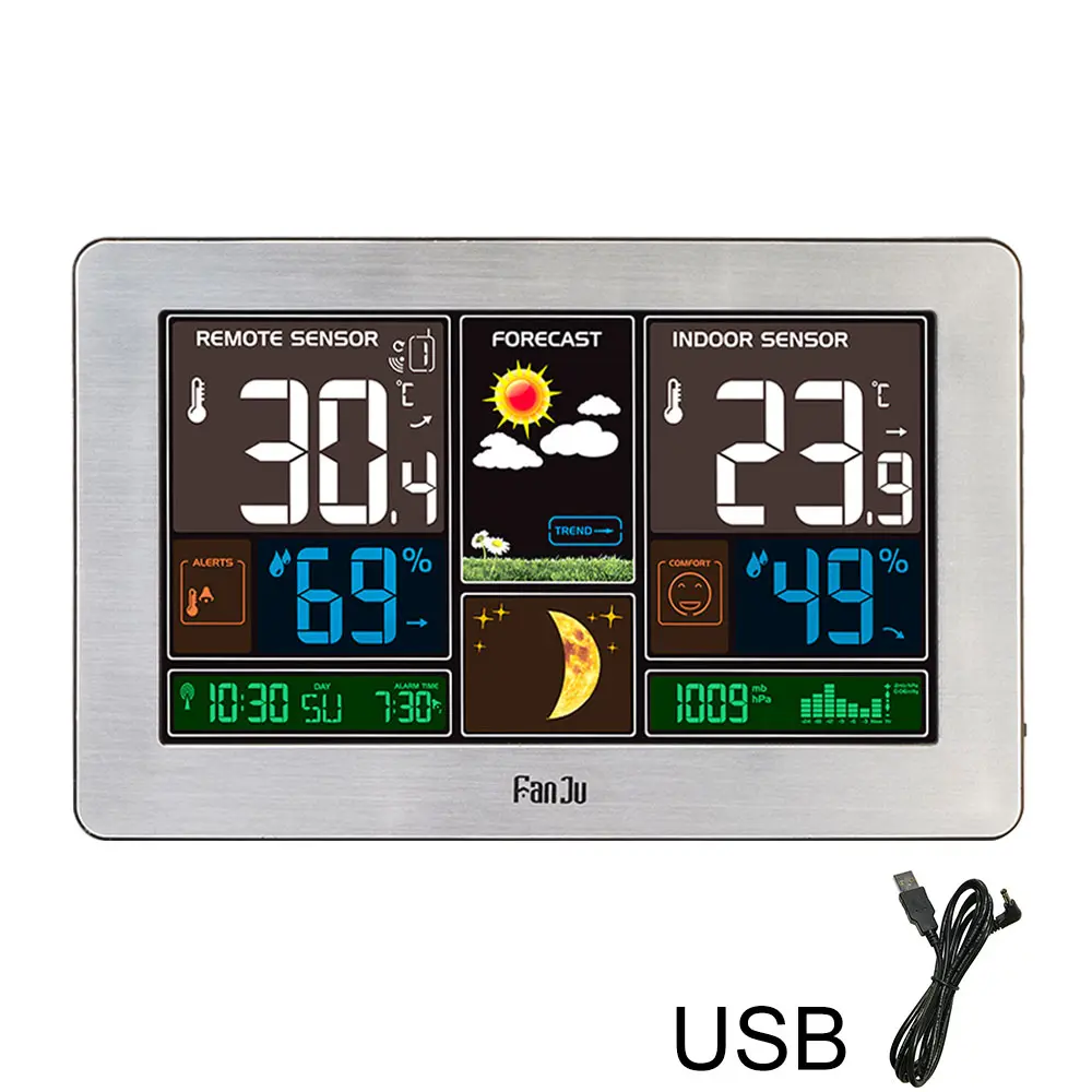 Minimalist Digital Wireless Weather Station with Color Display, Indoor-Outdoor Thermometer Hygrometer Gauge, Remote Sensor, USB Powered Weather Monitoring, USB Charger, Clock (US)
