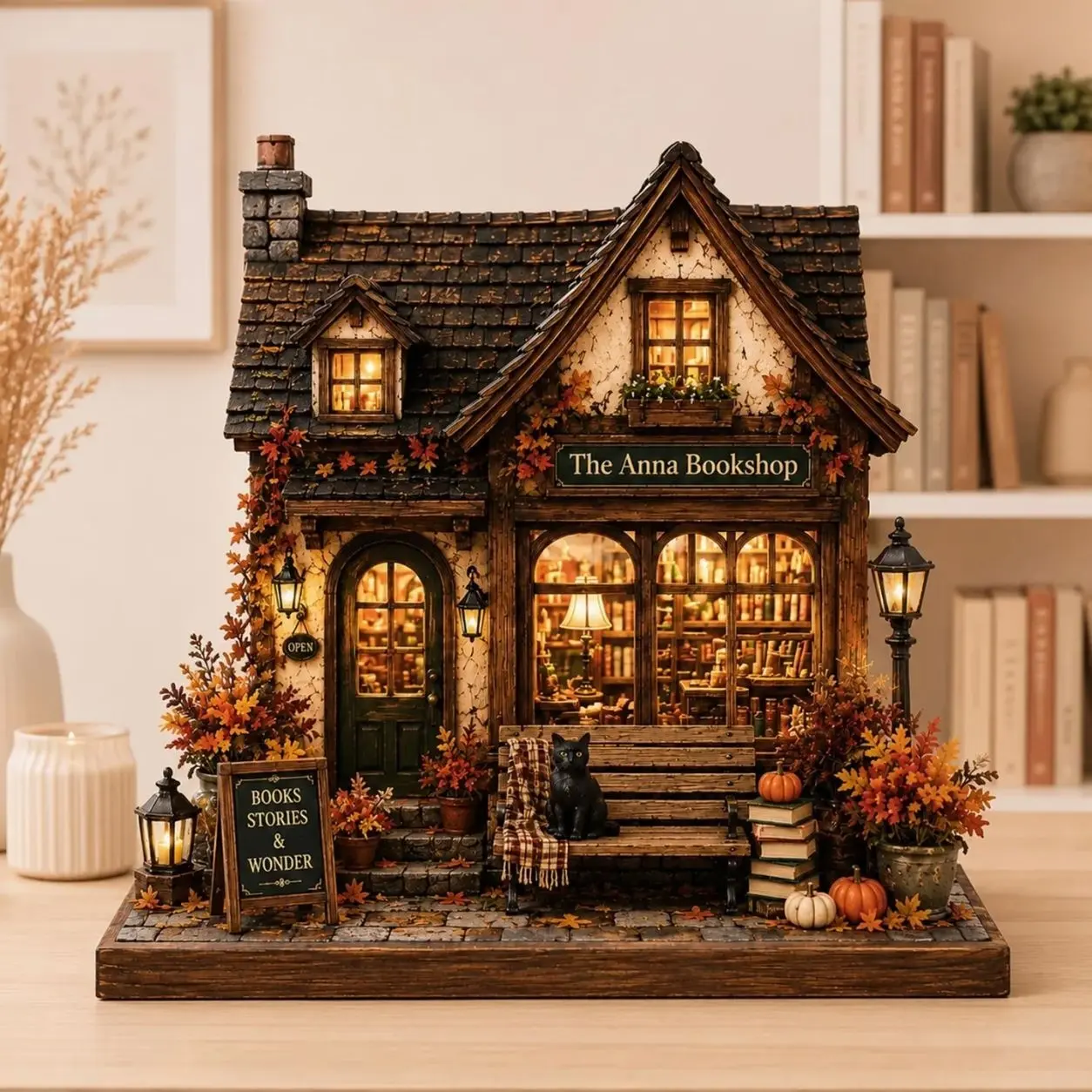 Personalized Fall House Wooden Block, Autumn Home Shelf Decor, Custom Family Name Cottage Sign, Pumpkin Porch Mantel Gift