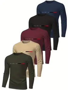 Men's Long Sleeve Printed T-Shirt Set, Casual Loose Fit, Soft Fabric, Durable Stitching, Round Neck, Fall Wardrobe Essential, Athletic T Shirt, Tops Menswear