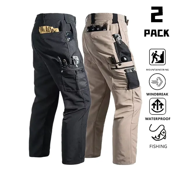 Men's 2-Pack Tactical Cargo Pants, Plain Straight-Leg Trousers with Multiple Pockets, Waterproof Fabric for Outdoor Hiking & Fishing, Menswear, Black + Khaki, Set, Polyester, Mid Waist