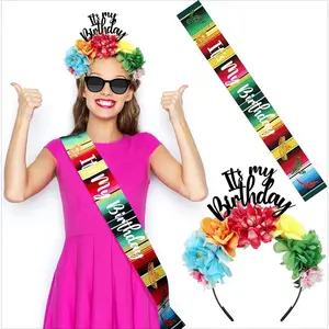 HY-HDW004 2 Pcs It's My Birthday Headband and Sash Mexican Flower Crowns Cinco de Mayo Satin Sash Fiesta Birthday Tiara Crown for Women