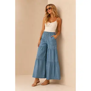 Women's Desert Dust Adjustable Denim Tiered-Wide Leg Jeans - Elastic Fit, Drawstring Waist, Pockets, Comfortable Everyday Bottoms