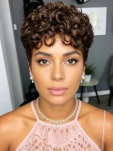 Short Pixie Cut Curly Human Hair Wigs for Women, Full Machine Made, Natural Color, Natural Looking, Daily Wear Wig
