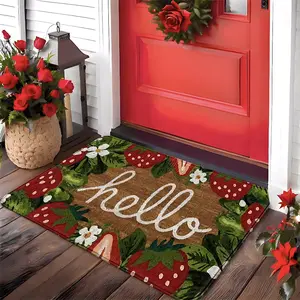 1Pc Strawberry-Leaf Hello Faux-Cashmere Entry Mat, Stain-Resist Non-Slip Quick-Absorb, Door-Kitchen-Bath-Bed Machine-Wash, Fresh Gift Multi-Size