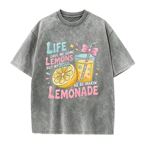 Women's Fun Christian Faith T-Shirt- "Life Gave Me Lemons, But Jesus Made Lemonade" Bible Verse Design with Lemon and Lemonade Print, Breathable Short Sleeve Round Neck Casual Top