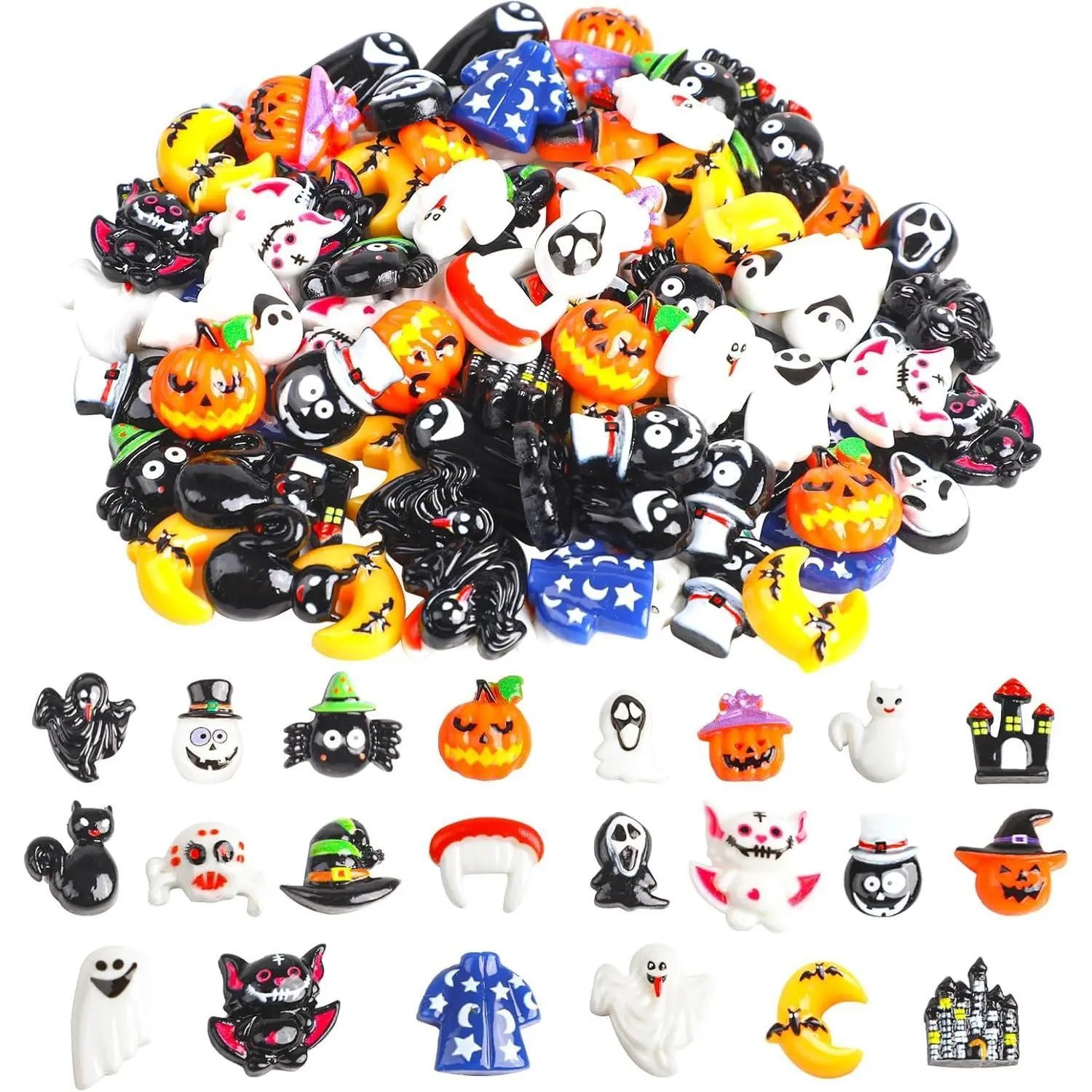 P-ITC015 Halloween Lightweight No-Fade Resin Flatback Charms, 100pcs Pumpkin-Ghost-Spider Embellishments for DIY Crafts Ideas, Charms Making, Album & Halloween Craft Ornament Supplies