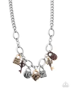 Padlock Pairing - Multi Mixed Metals Gold Silver Copper Lock Key Charm Short Necklace - Paparazzi
