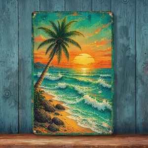 Vintage Tropical Beach Metal Tin Wall Plaque, Retro Palm Tree Ocean Sunset Wave Coastal Home Decor