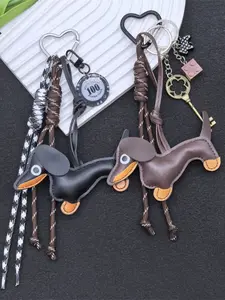 Y2K Vintage Leather Sausage Dog Keychain, Patchwork Puppy + Woven Rope Fringe, Metal Keys/brick Pendant, /, Bag Charm, Car Decor, Keychain Series Figures