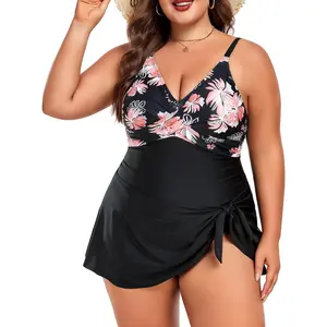 Women Plus Size Swim Dress Tummy Control One Piece Swimsuit Wrap Full Coverage Modest Bathing Suit Cute Tie Knot(Gift)