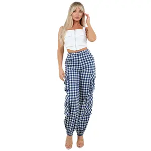 Checkered Cargo Pants with Zipper Front, Side Pockets, and Elastic Hem