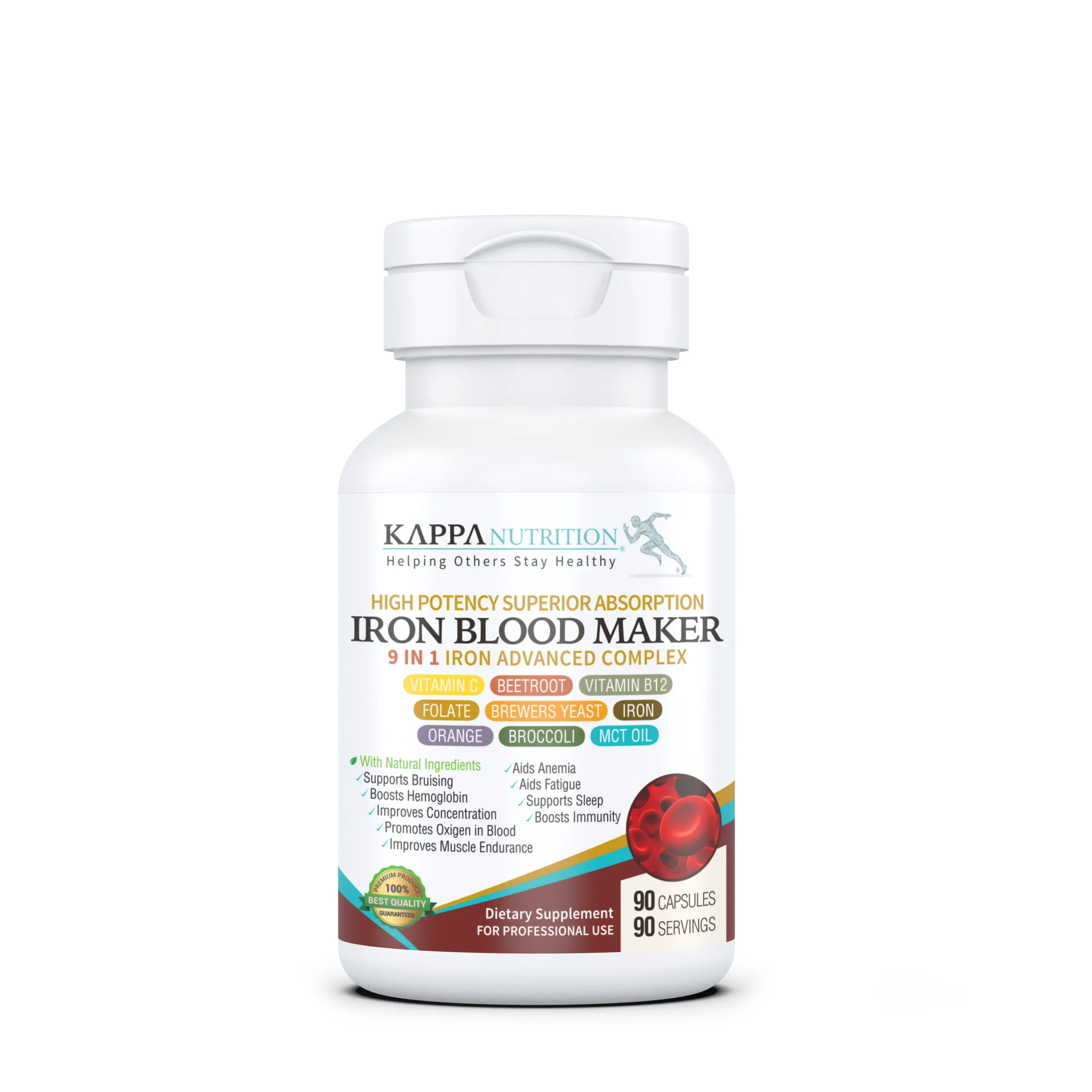KAPPA NUTRITION (90 Capsules), Iron 26mg, Vitamin C & Orange 150mg, Folate 667mcg DFE, Vitamin B12, Beetroot, Brewers Yeast, Broccoli & MCT Oil 9 in 1 Advanced Complex Healthcare Supplement Natural