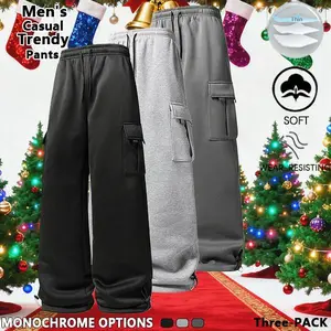 Men's simple and trendy straight-leg trousers, multi-functional casual loose pockets with drawstring design, suitable for autumn and winter, sports and fitness, and everyday fashion.