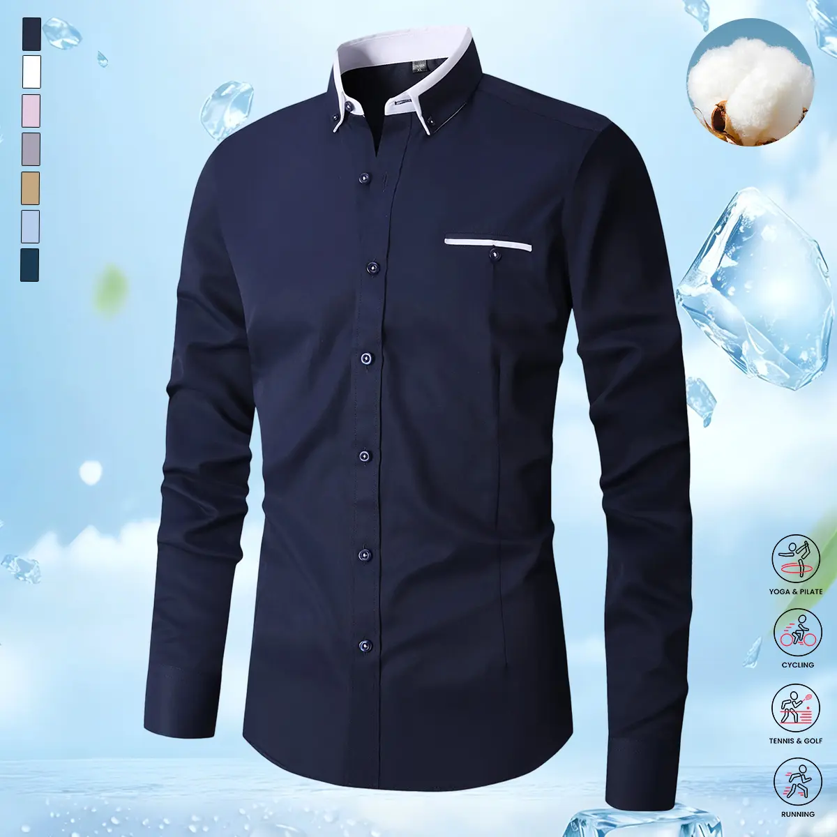Men's Plain Slim-Fit Shirt with Contrast Lapel - Long-Sleeve Button-Up for Wedding, Party, and New Year Events, Button Front