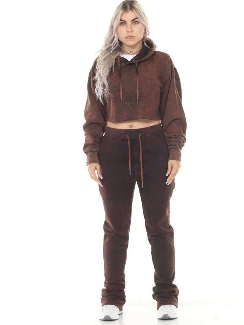 Cropped Brown Garment Dyed Flared Sweatsuit