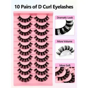 10 Pairs D Curl Dense False Eyelashes, Natural Fake Mink Lashes, Soft Thick Crossed Lashes, Reusable Volume Cat Eye Lashes