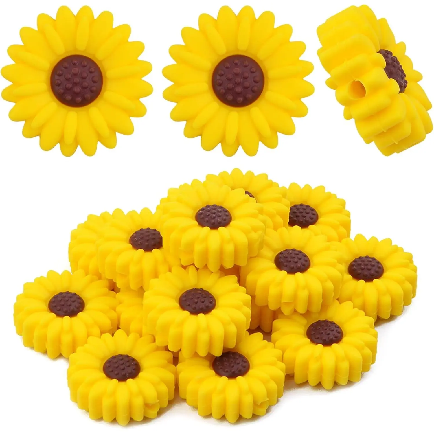 15pcs 19.5 mm Daisy Flower Silicone Beads Soft Silicone Sunflower Shape Loose Spacer Beads for DIY Garland Keychains Lanyard Jewelry Making Craft Decor, Yellow Brown